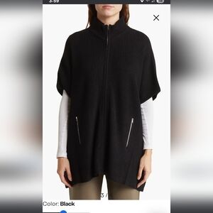 Bruno Magli Black Cashmere Blend Silver Zip Front Knit Cape Mock Neck